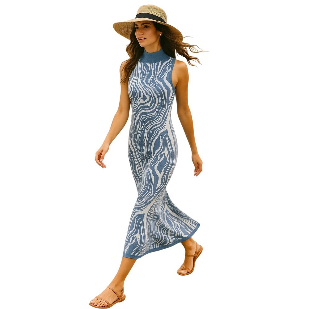 Zebra Blue Abstract Soft Knit long Dress  NWT Size M